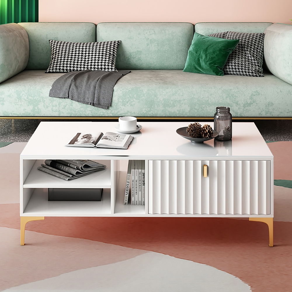 White and Gold Rectangle Coffee Table with Storage 2 Drawers & 3 Shleves window image