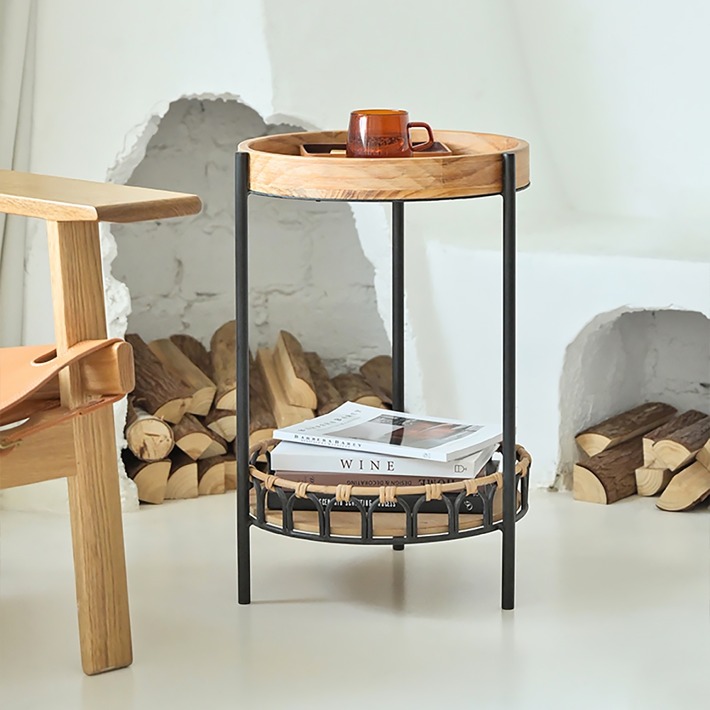 Farmhouse Wood Side Table with Shelf Rattan Woven Round End Table window image