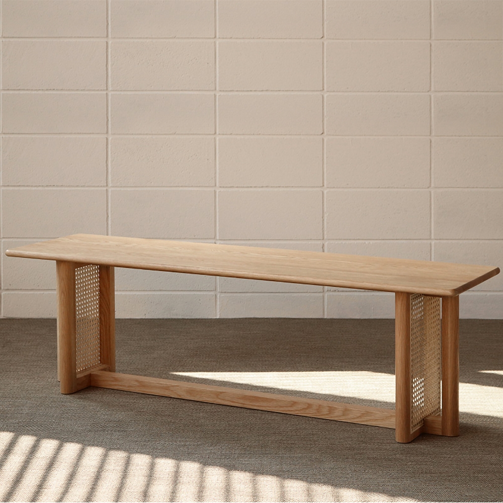 Rustic Wooden Bench with Rattan Decor Entryway Bench window image