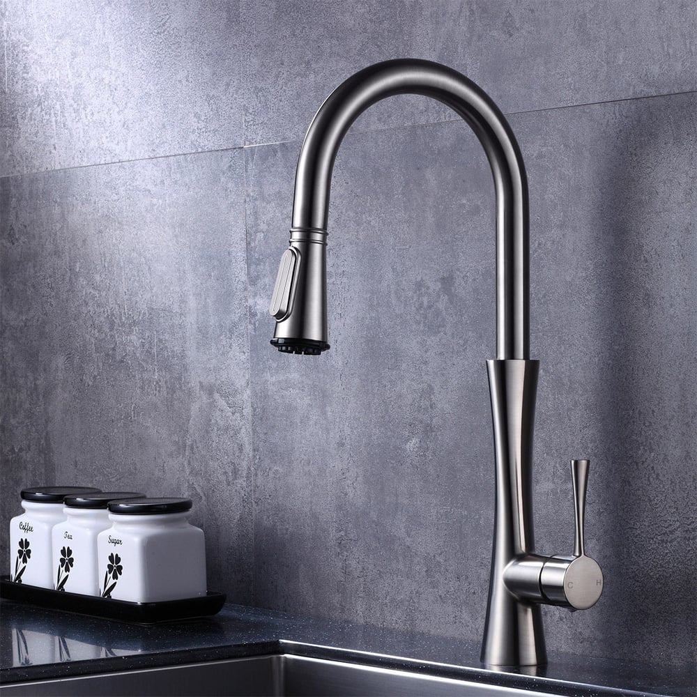 Moderne Monobloc Robinet Mitigeur de Cuisine Col de Cygne Pull Out Sprayer de 3-Fonctions Poignée Simple en Laiton Solide Nickel Brossé image de fenêtre
