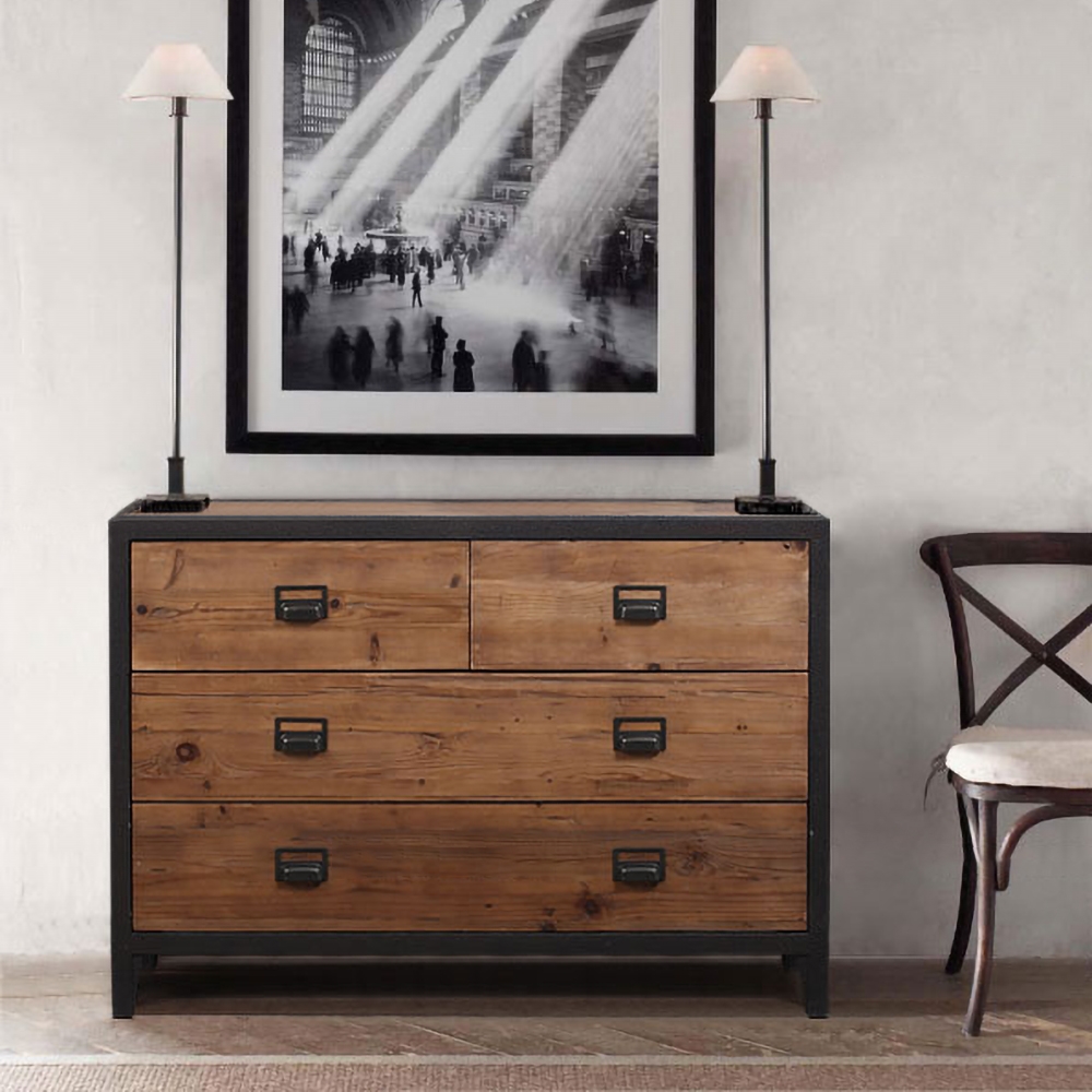 Industrial Sideboard Buffet Storage Cabinet Kitchen Storage Buffet Walnut Dining Buffet Modern Storage Sideboard with 4 Drawers window image
