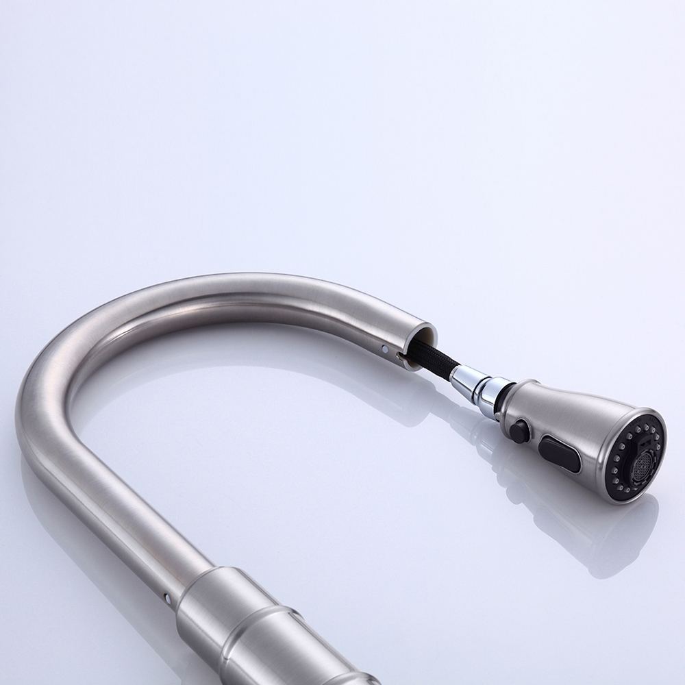 Modern Single Hole Single Handle Brass Pull Out Kitchen Faucet with 3-Function Sprayer in Brushed Nickel Finish window image