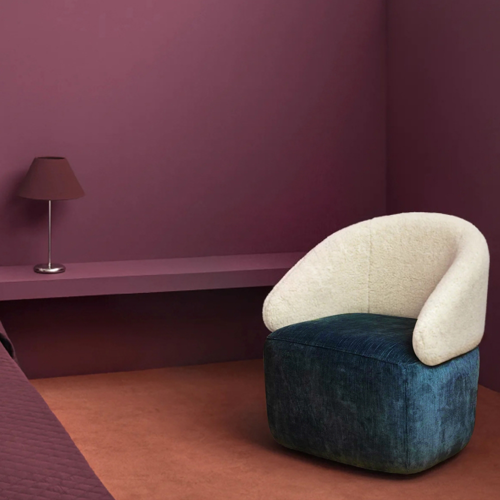 Modern Creative White Upholstered Chair Round Faux Fur Stool with Backrest Faux Sheepskin Chair window image