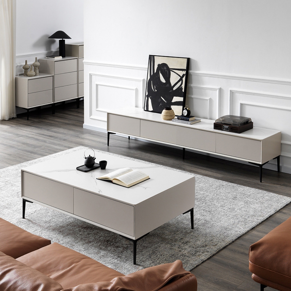 Italian Minimalist Off White TV Stand Sintered Stone Top with Drawers for TVs up to 85" window image