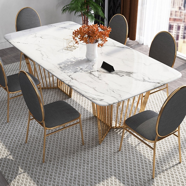 Contemporary 63" Rectangular Faux Marble Dining Table Gold Base Stainless Steel window image