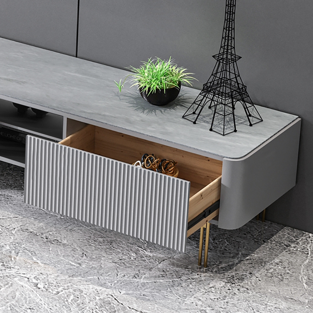 Minimalist Gray TV Stand Sintered Stone Top Media Console with Sliding Doors for TVs window image