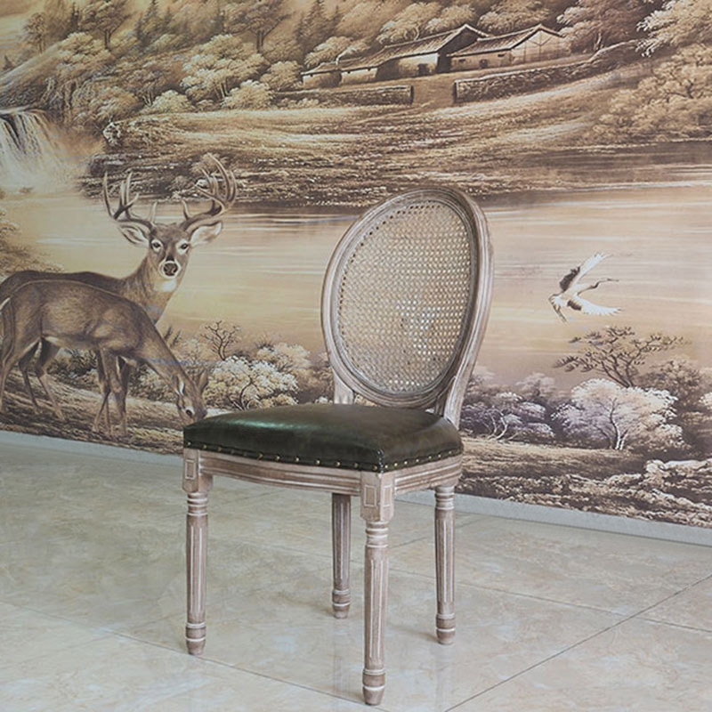 French Farmhouse Wood Dining Chairs Cane Back Dining Chair Faux Leather Upholstered Dining Chair window image