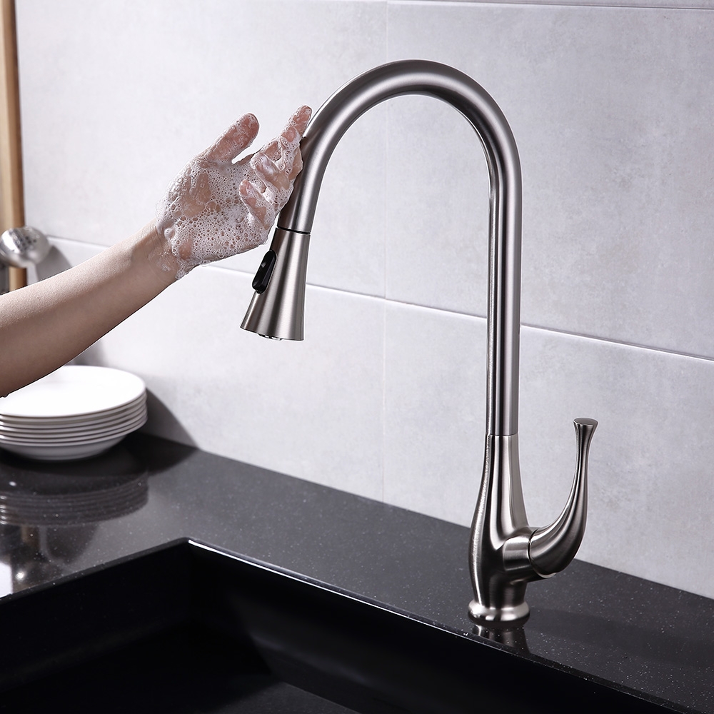 Modern Touch Pull Out Kitchen Faucet Brushed Nickel Single Handle Dual Function Faucet window image