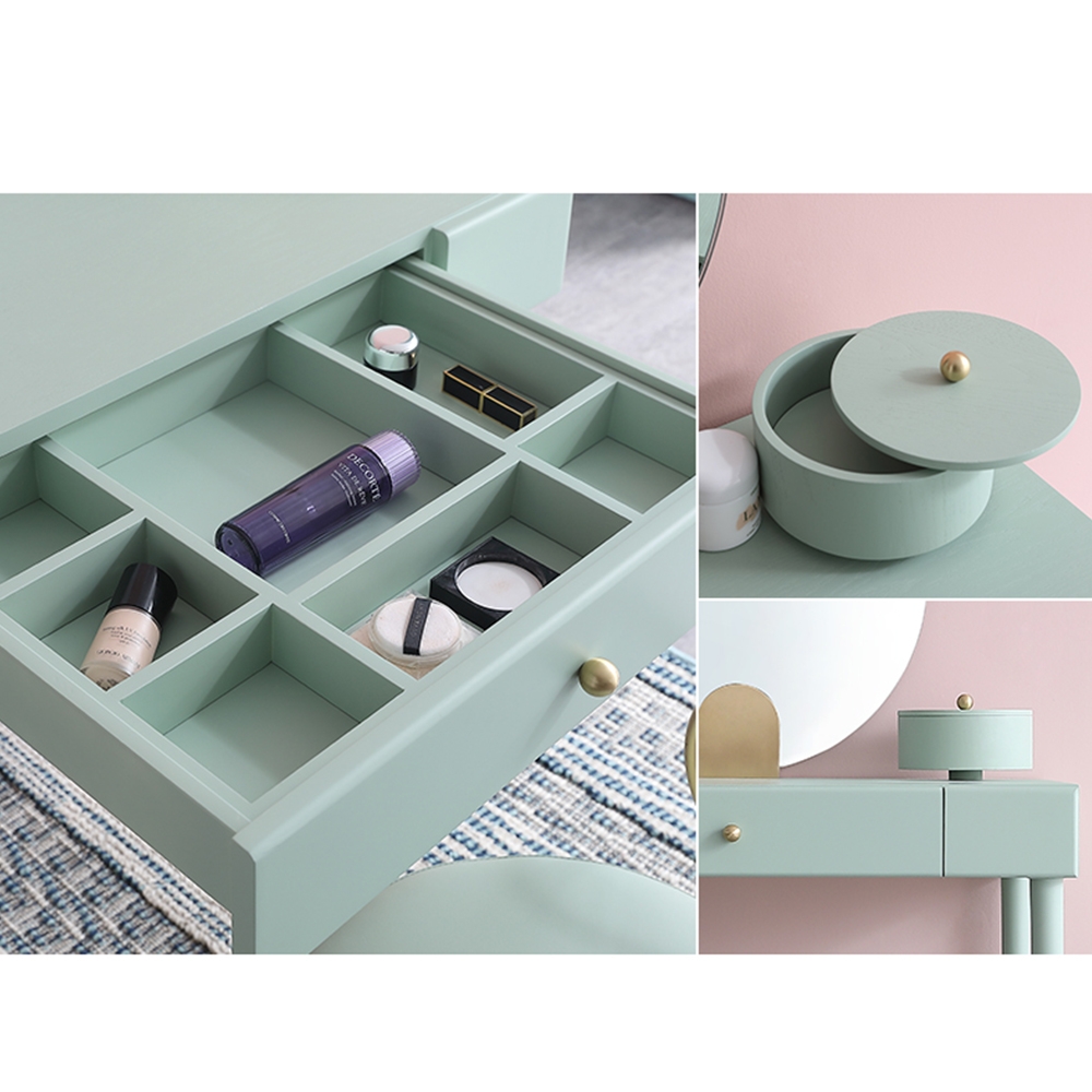 Moderne groene make-up kaptafel met lade en opbergdoos inclusief spiegel Vensterafbeelding