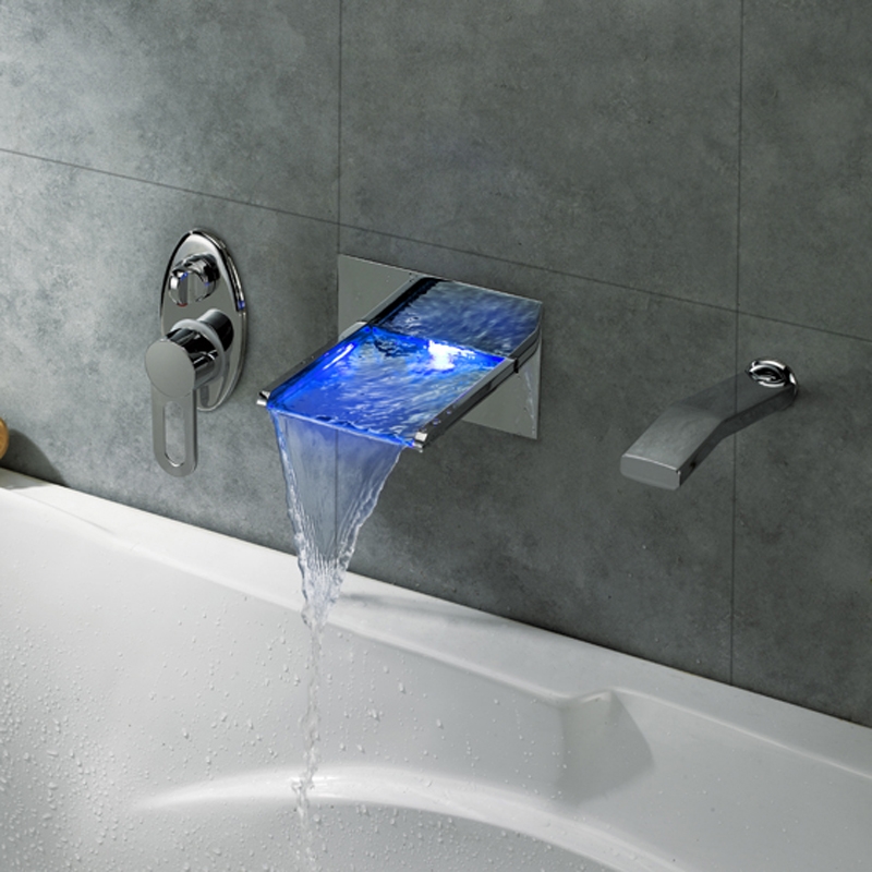 Koko Modern Polished Chrome Wall Mounted LED Waterfall Roman Tub Filler Faucet Hand Shower Set Solid Brass window image