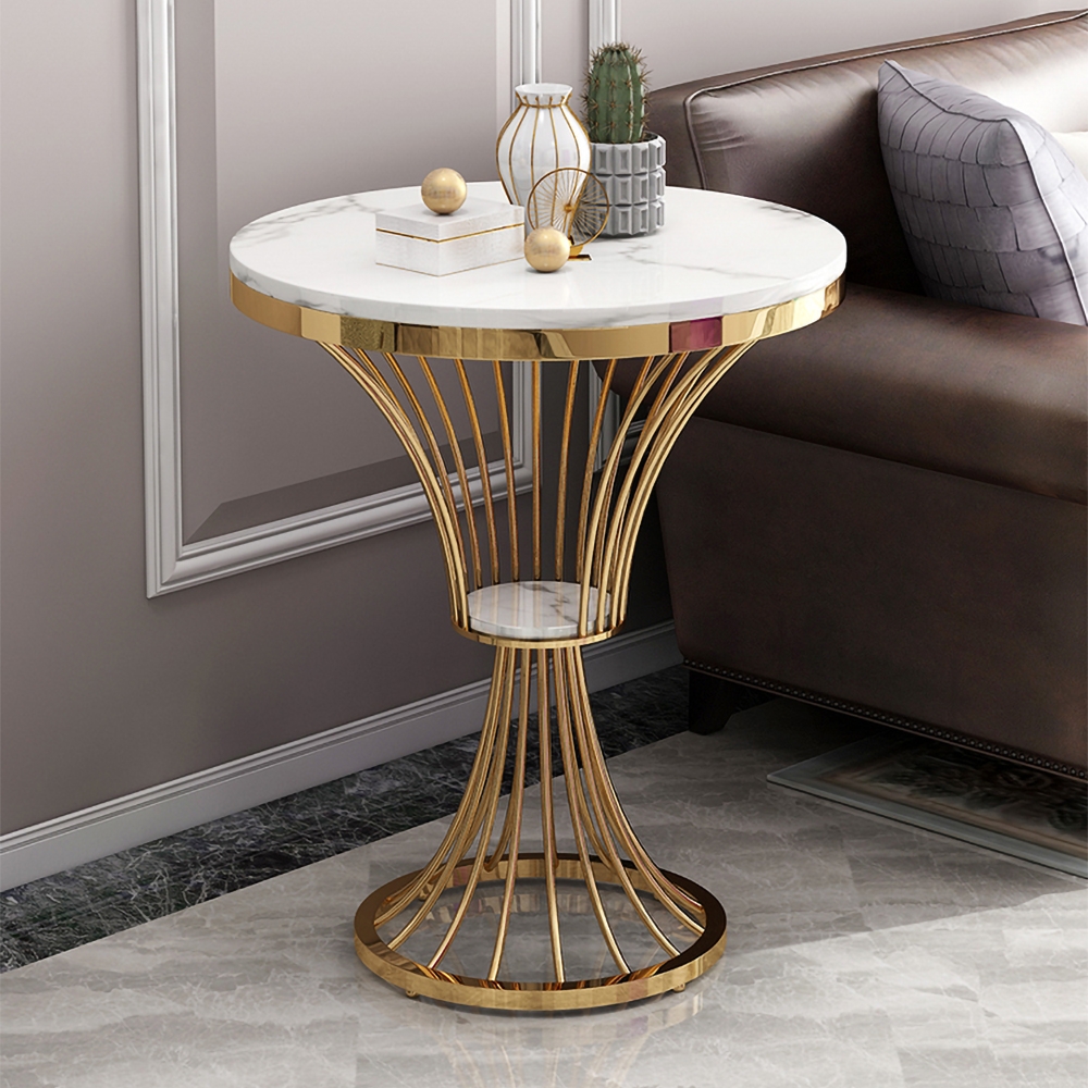 White Round Faux Marble Side Table Spiral-Shaped End Table in Gold window image