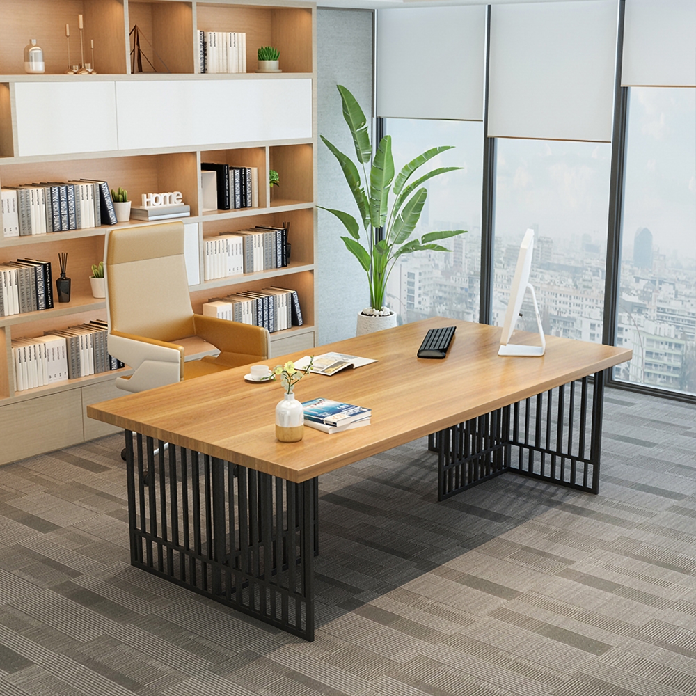 55" Solid Wood Writing Desk Rectangular Office Desk Metal Frame window image