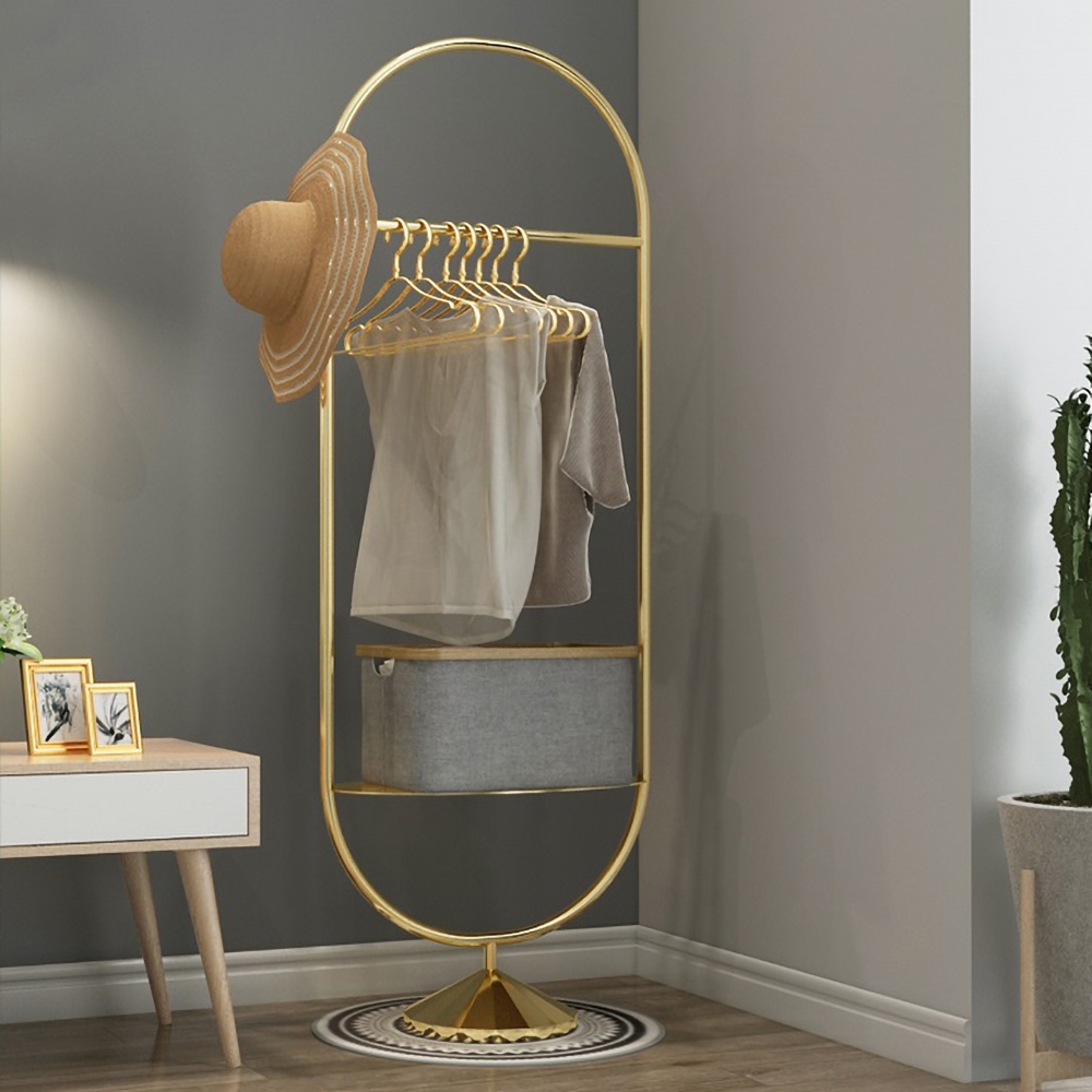 Gold Clothing Rack with Shelf and Hanging Oval Shape window image