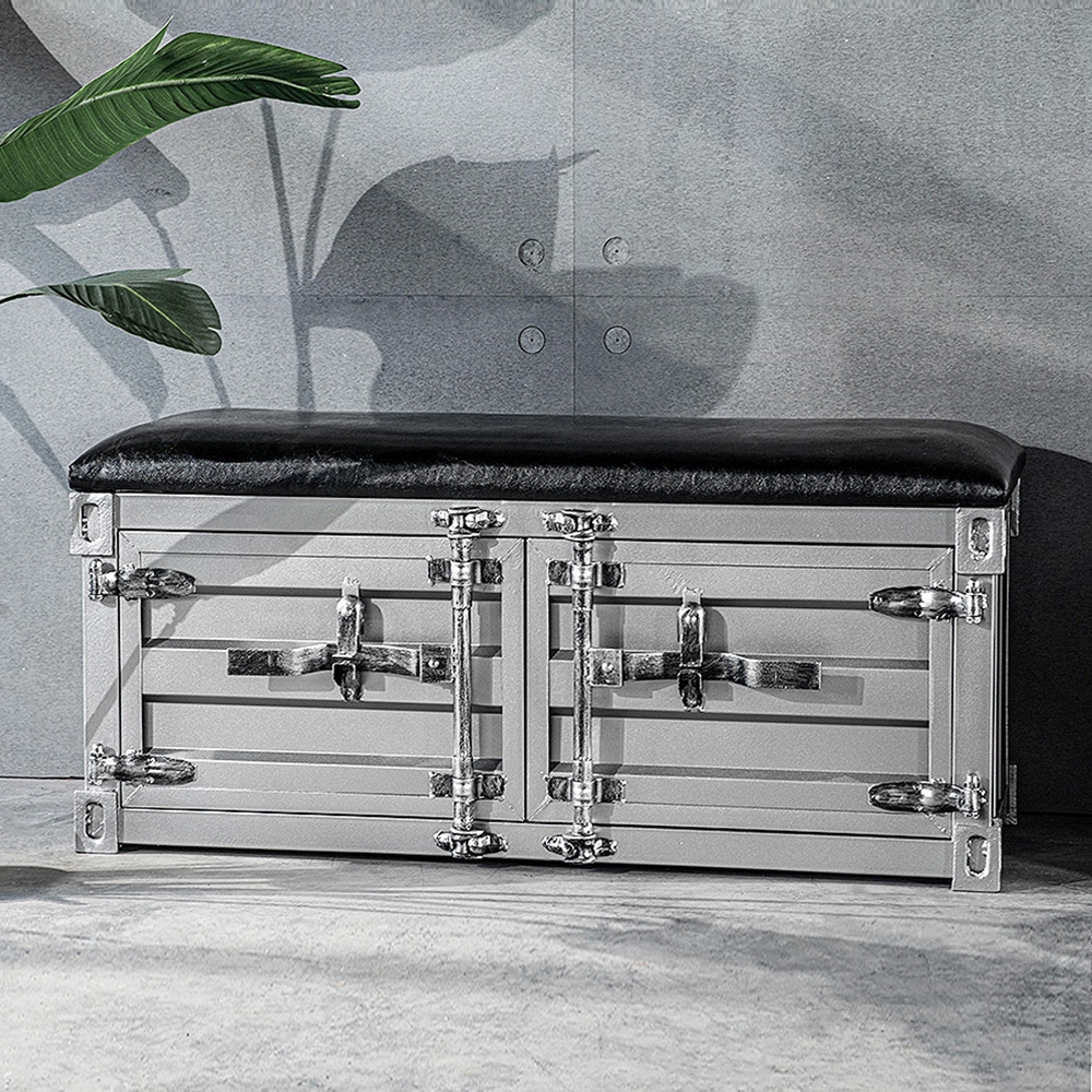 Industrial Cargo Container Style Shoe Storage Upholstered Bench in Silver window image