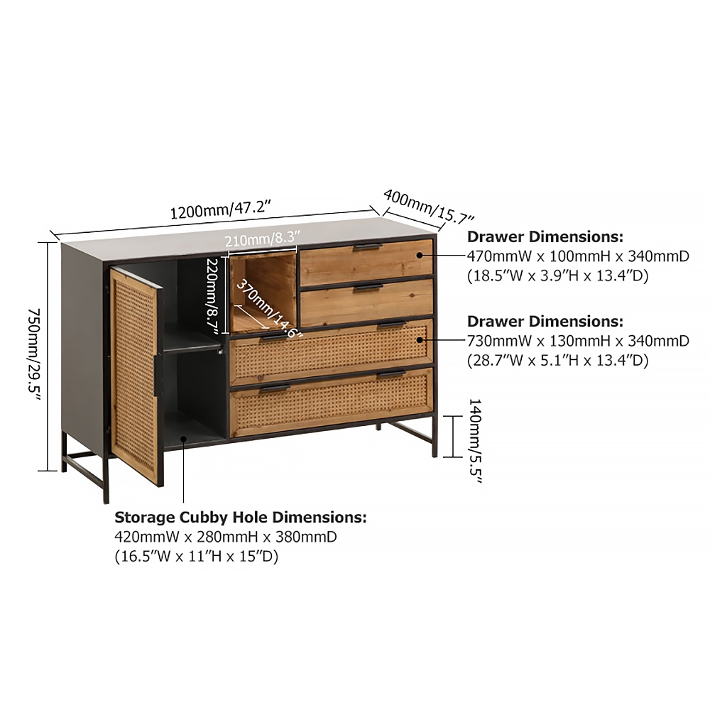 1200mm Rattan Sideboard Buffet with 4 Drawers & 1 Door Kitchen Cabinet of Drawers window image