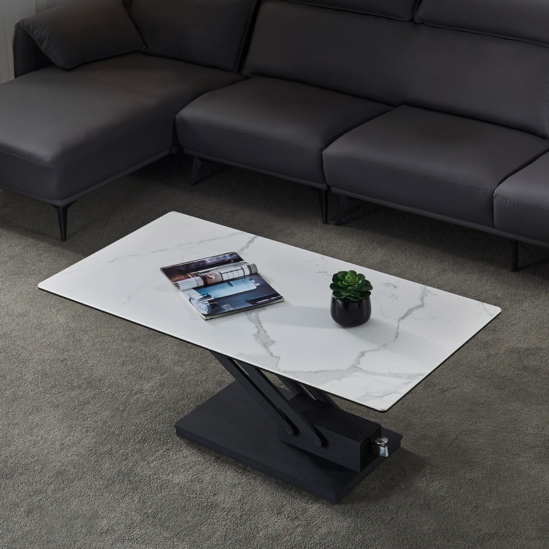 Witte rechthoekige salontafel met verstelbare hoogte en eettafel gesinterde steen Vensterafbeelding