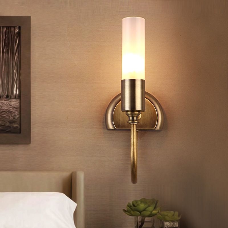 Rustic Cylinder Glass Shade 1-Light Indoor Wall Sconce with Curved Arm in Brass window image