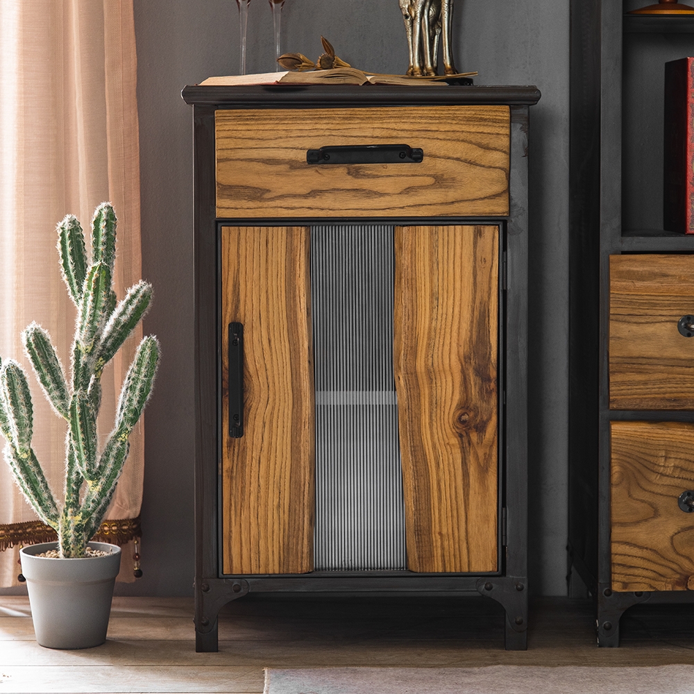 Industrial Loft Black Cabinet Wood Glass Door and Metal Frame with Storage 30" in Height window image