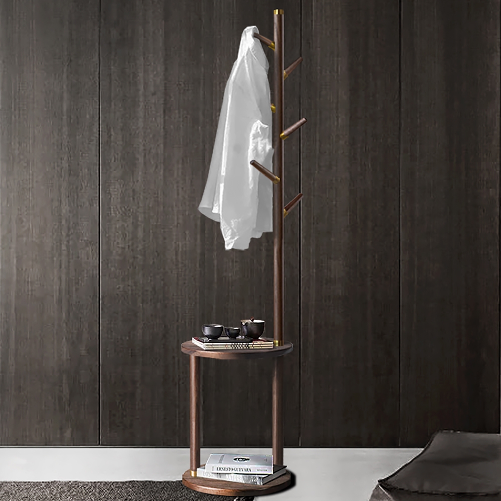 76'' Modern Black Walnut Rubber Wood Coat Rack Freestanding 6 Hooks with Round Table window image