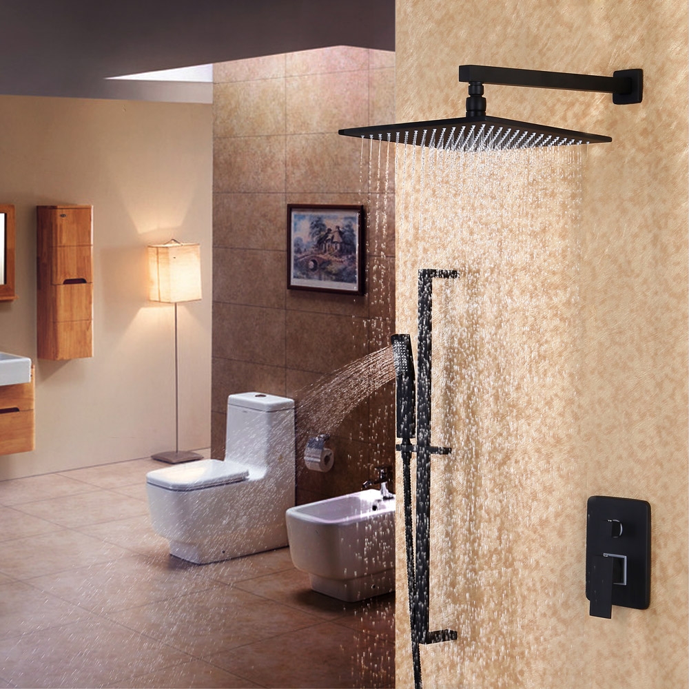Dree Contemporary Wall-Mount 8" Square Rain Shower & Slide Rail Hand Shower System in Matte Black Solid Brass window image