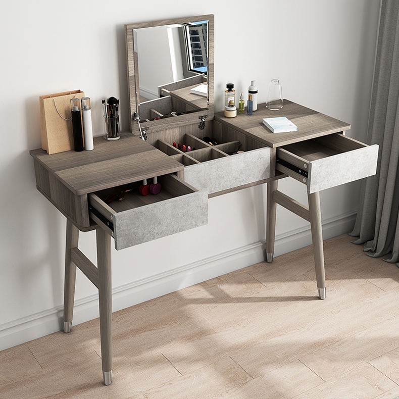 Moderne Scandinavische grote make-up kaptafel en zijopbergmeubel met spiegelspiegel en opbergkast in cementgrijs Vensterafbeelding