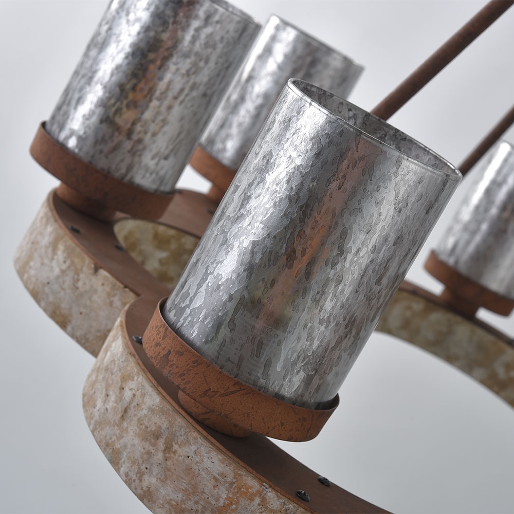 Eolic French Country Antique Mirrored Cylindrical Glass Shade Distressed Wood Frame 8-Light Chandelier Rust Metal window image