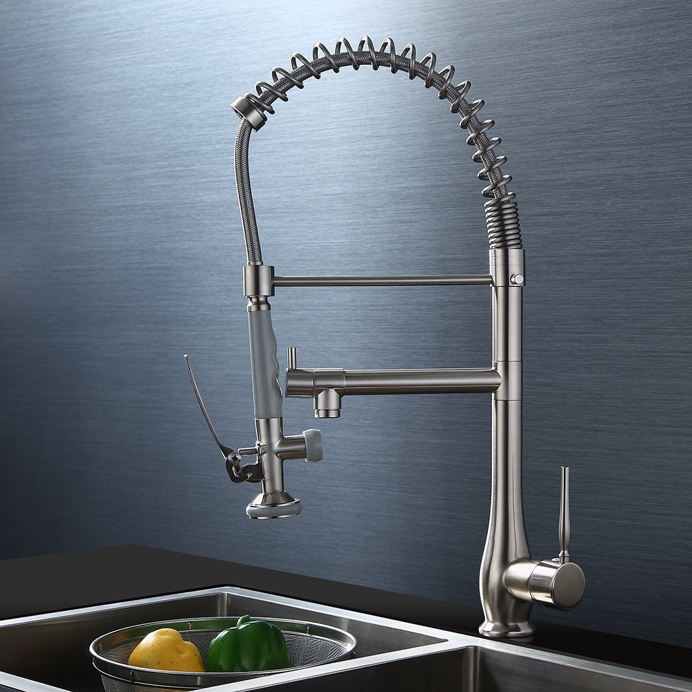 Commercial Dual-Function 1-Lever Pull Down Sprayer Pre-Rinse Kitchen Faucet Brushed Nickel window image