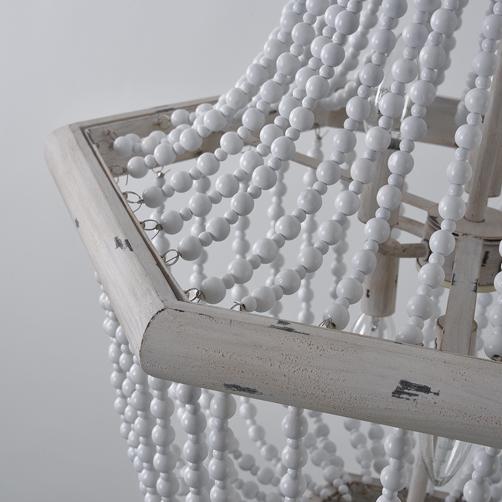 Farmhouse French Country Distressed White Wood Draped Beaded Chandelier Basket 6-Light Ceiling Light window image