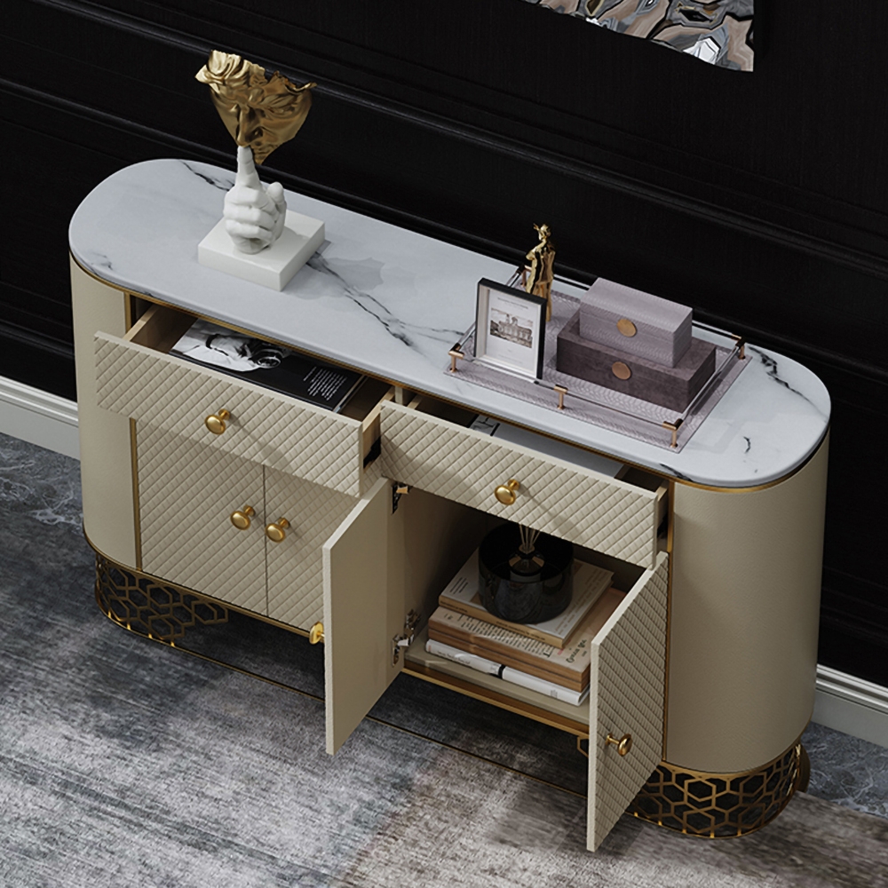 Sideboard Cabinet Faux Marble Faux Leather Upholstery with Storage Drawers&Doors window image