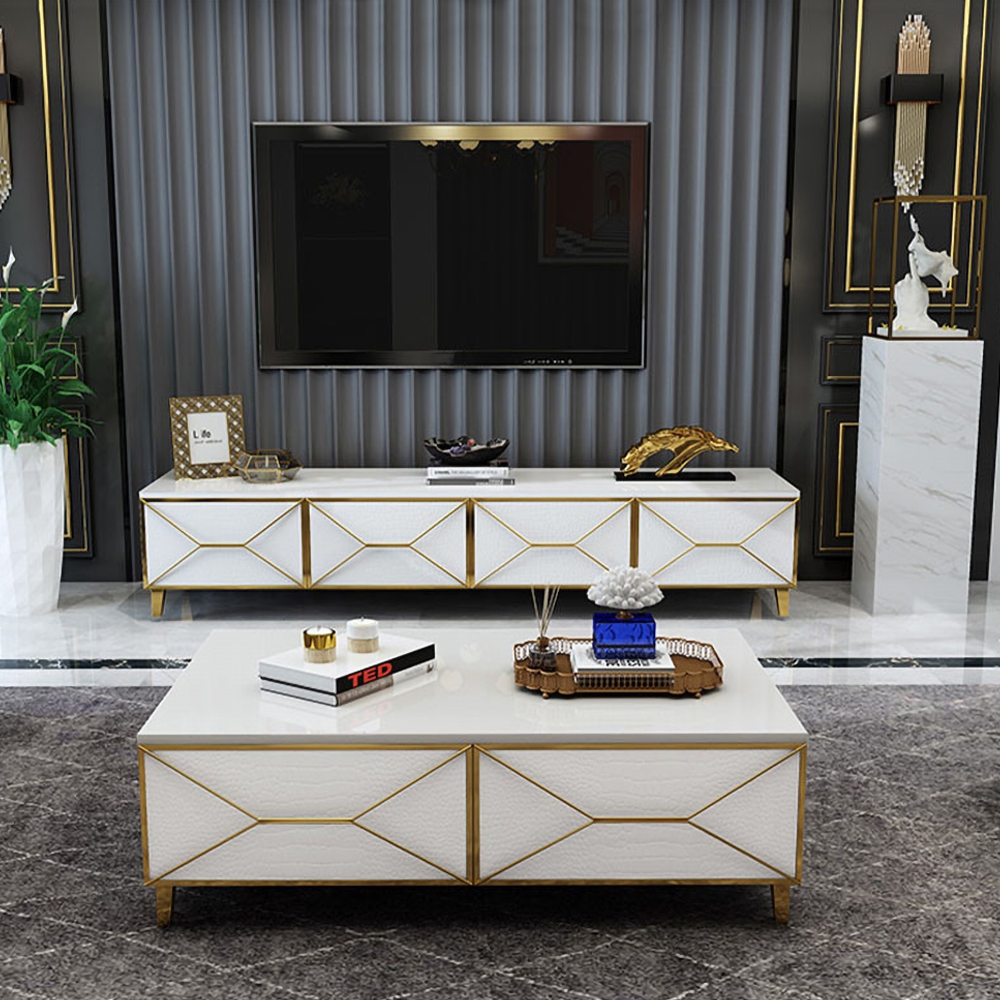78" Modern White TV Stand Glass Top Media Console with 4 Drawers in Gold window image