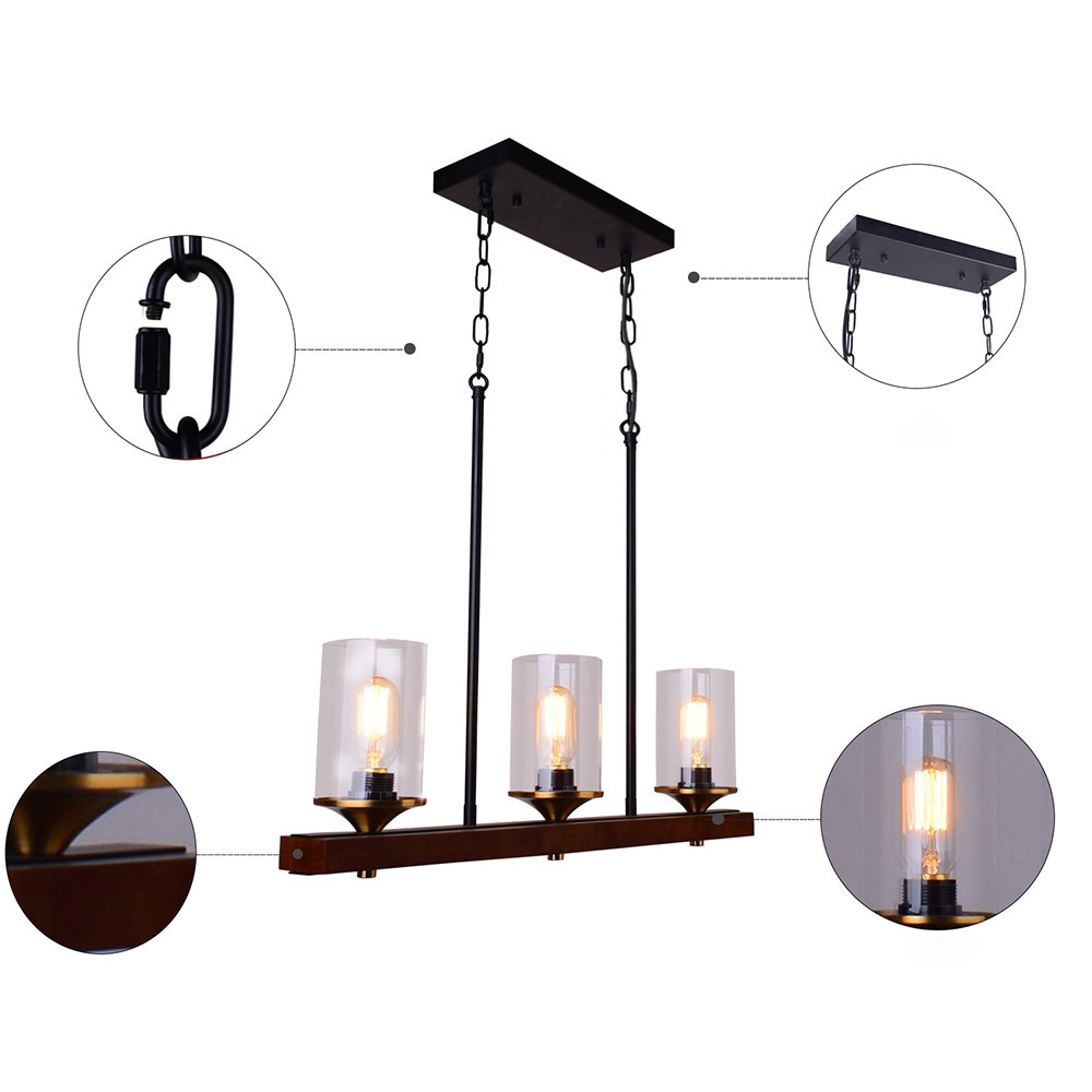 Industrial Loft Wood Beam 3-Light Island Linear Pendant Light with Clear Glass Shade Black Metal window image