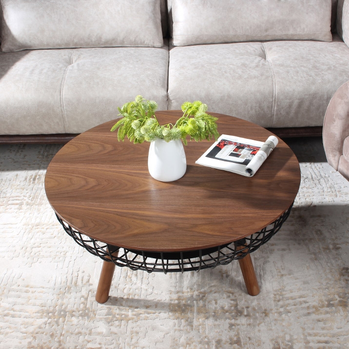 Rustic Round Coffee Table Wood Coffee Table with Basket Storage in Natural&Black window image