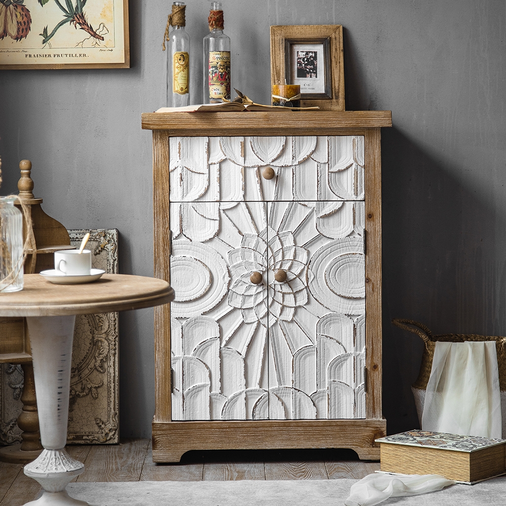 Rustic Distressed White Cabinet Carved Surface with Drawer & Doors window image