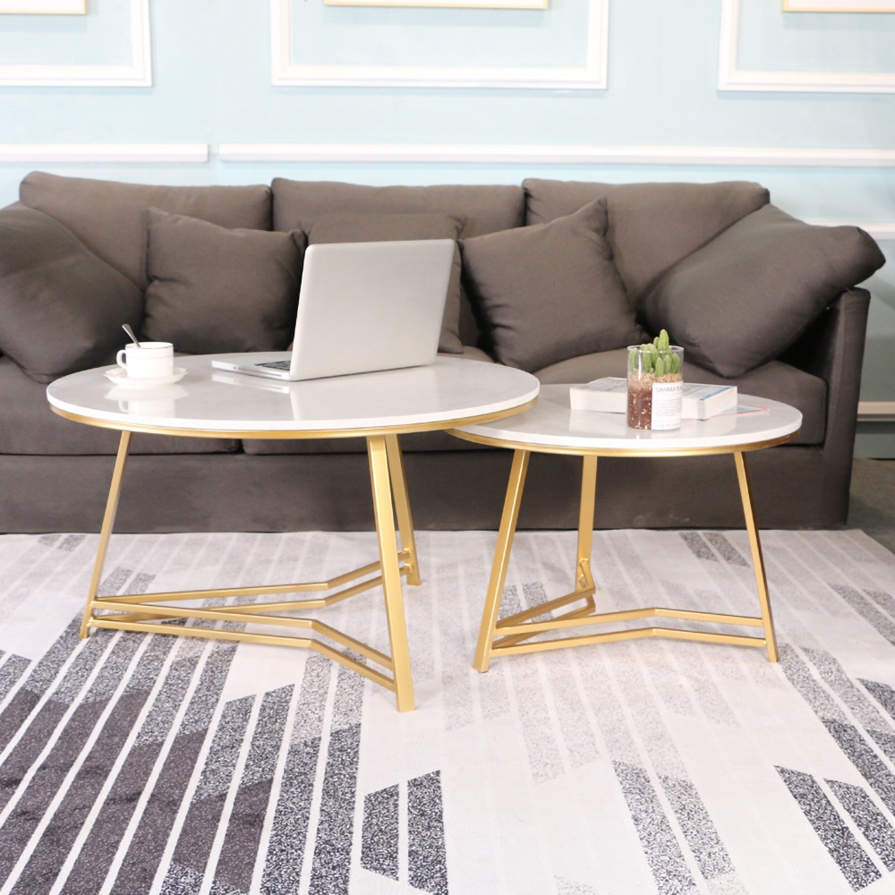 Modern Round Coffee Table Set of 2 with Marble Tabletop Metal Legs window image