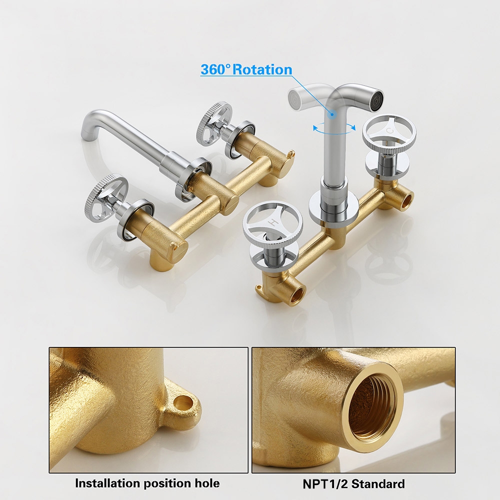 Ave Industrial Wall Mount Bathroom Sink Faucet 2 Wheel Handles Solid Brass in Chrome window image