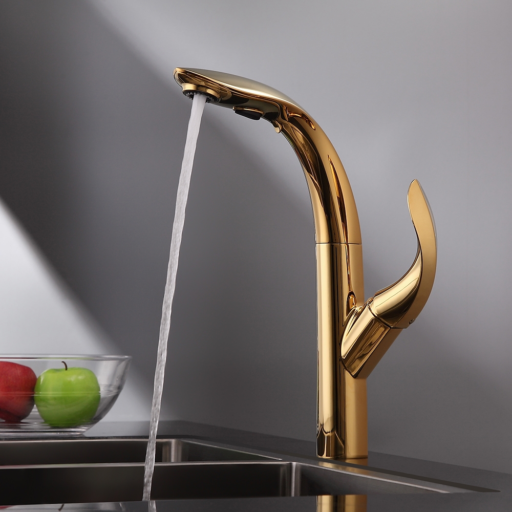 Zime Luxurious Gold 2-Function Pull Down Swivel Kitchen Faucet Single Handle Zinc Alloy Faucet window image