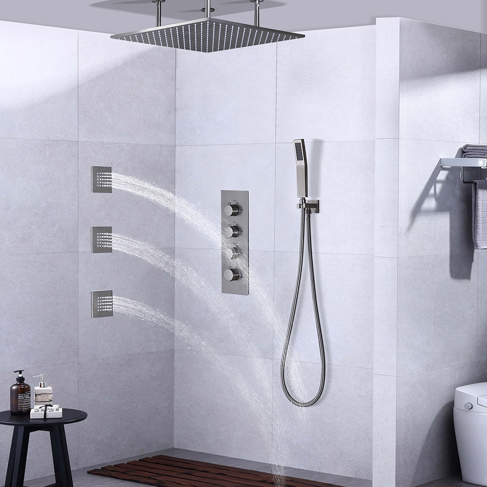 Modern Rain Thermostatic Brushed Nickel Shower Tap Flush Mount Shower System with Hand Shower & Body Jets Solid Brass window image