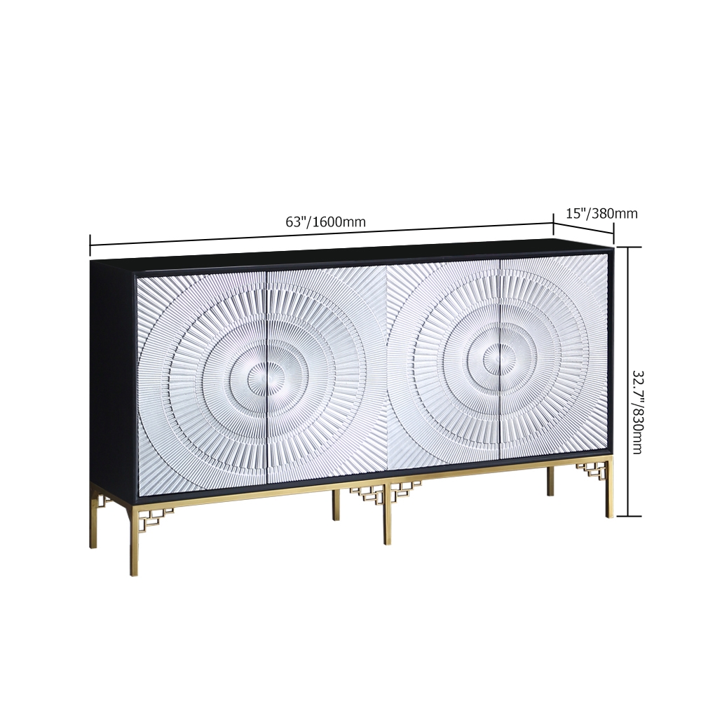Black&Silver Sideboard Buffet Solid Wood Kitchen Cabinet with Doors and Shelves in Brass window image