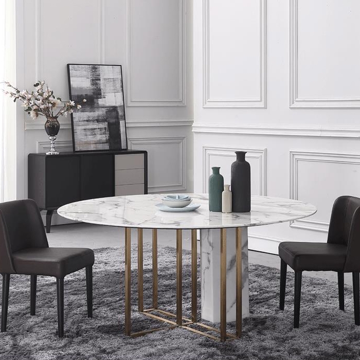 Modern Luxury 59" Round Dining Table with Faux Marble Top & Metal Base Large in Brushed Gold window image