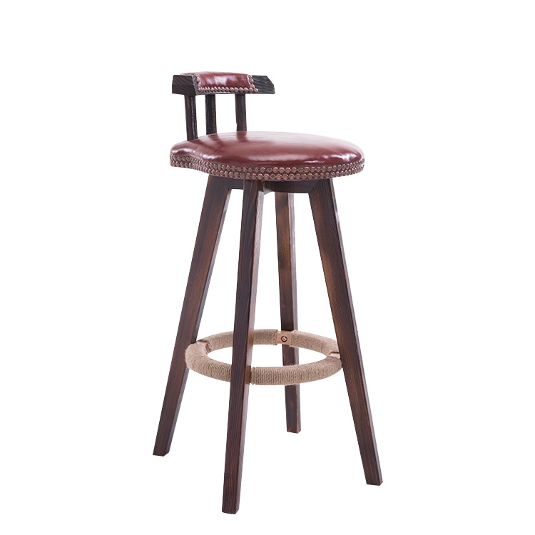 Retro Rustic Swivel Bar Stool Leather Wood Bar Stool with Back Round Nail Heads Seat Cushion in Wine window image