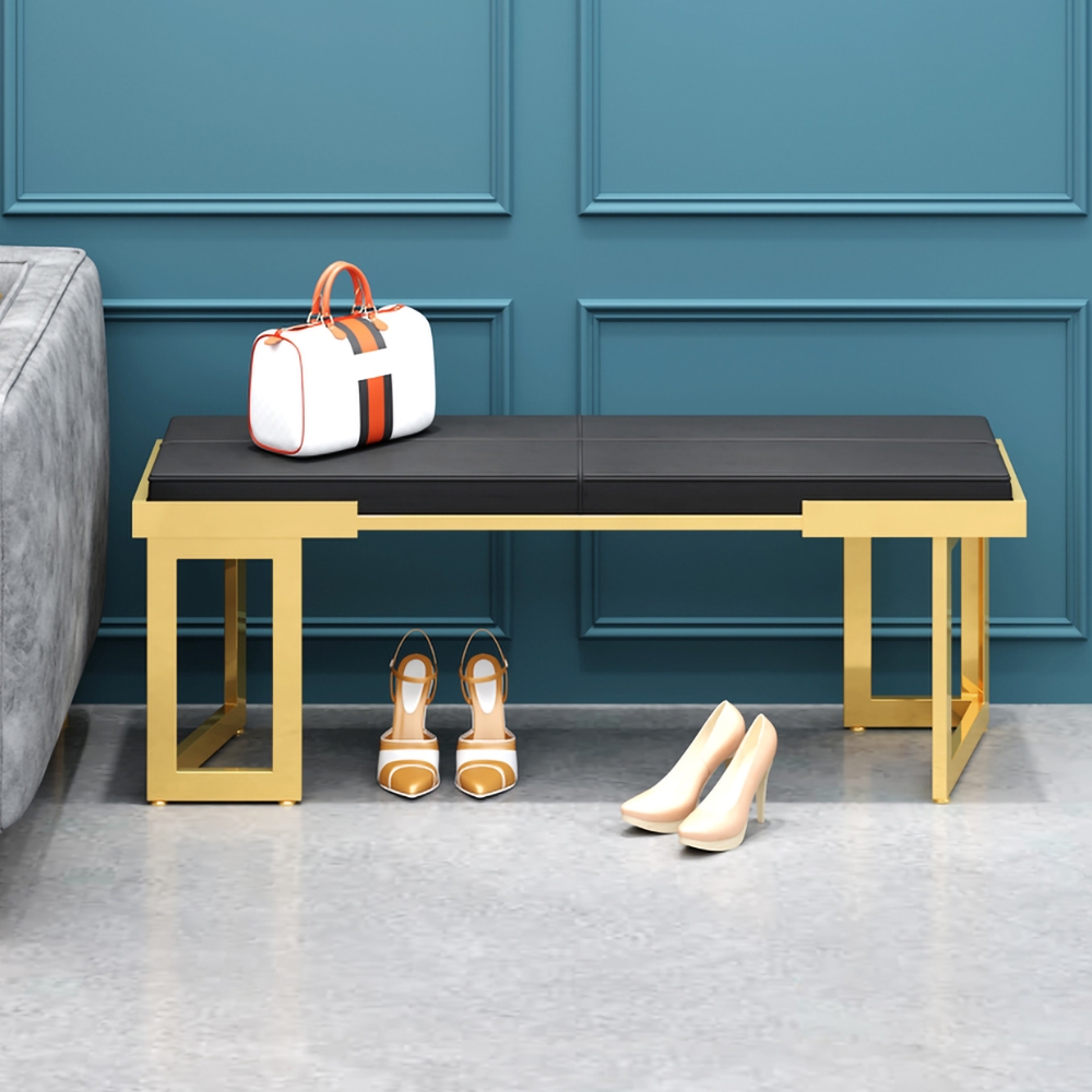 Modern Black Upholstered Bench Soft PU Leather Bench with Gold Metal window image