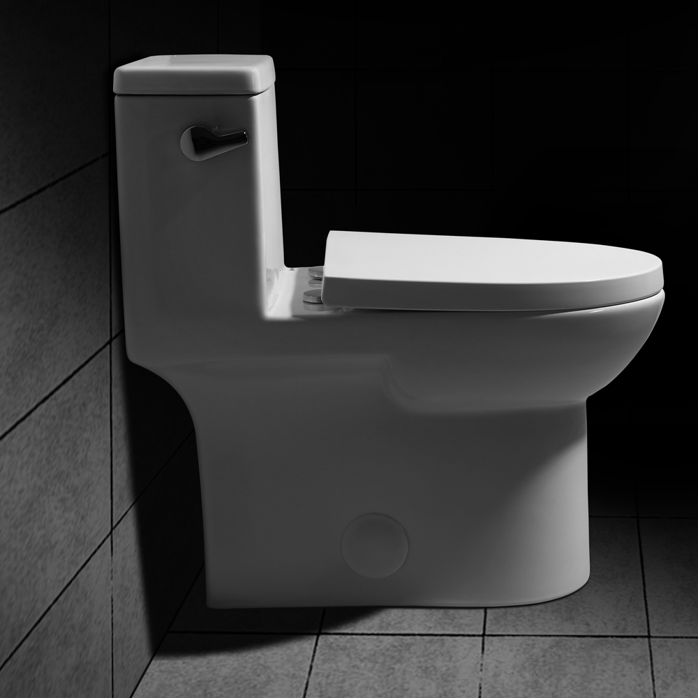 Modern One-Piece Single Flush 1.28 GPF Elongated Siphonic Toilet in White with Soft-Close Seat & Lid window image