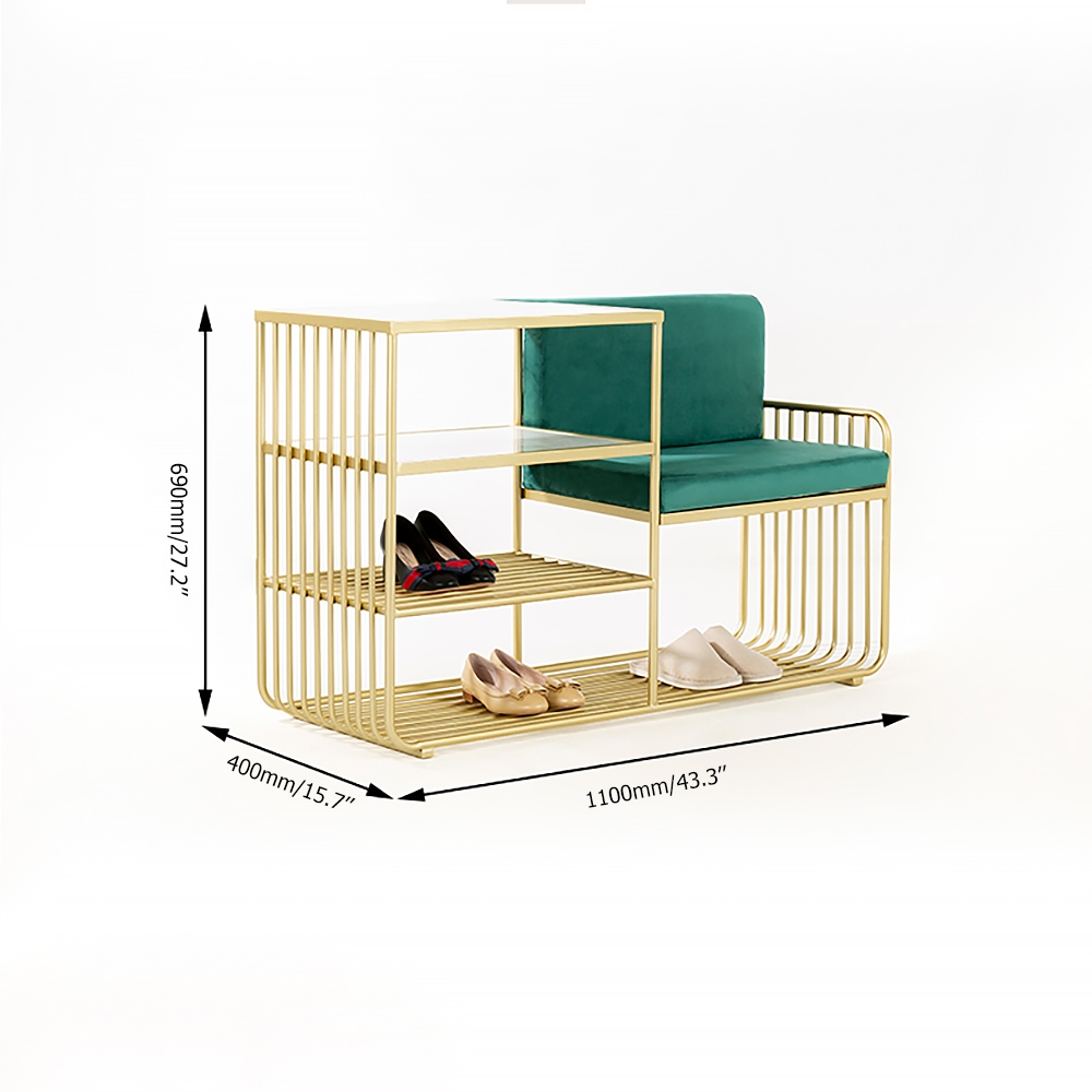 White Storage Entryway Bench Faux Marble Green Velvet Modern Bench with Shelf window image