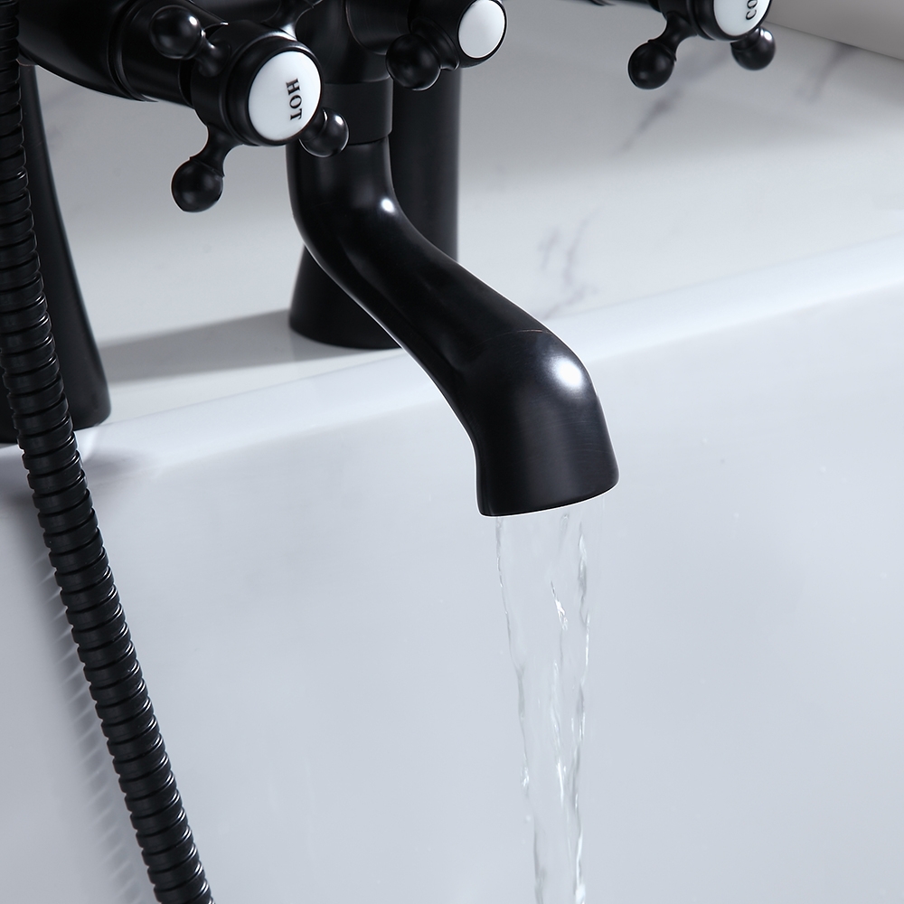 Montag Deck Mounted Waterfall Tub Filler Faucet with Hand Shower Solid Brass in Antique Black window image