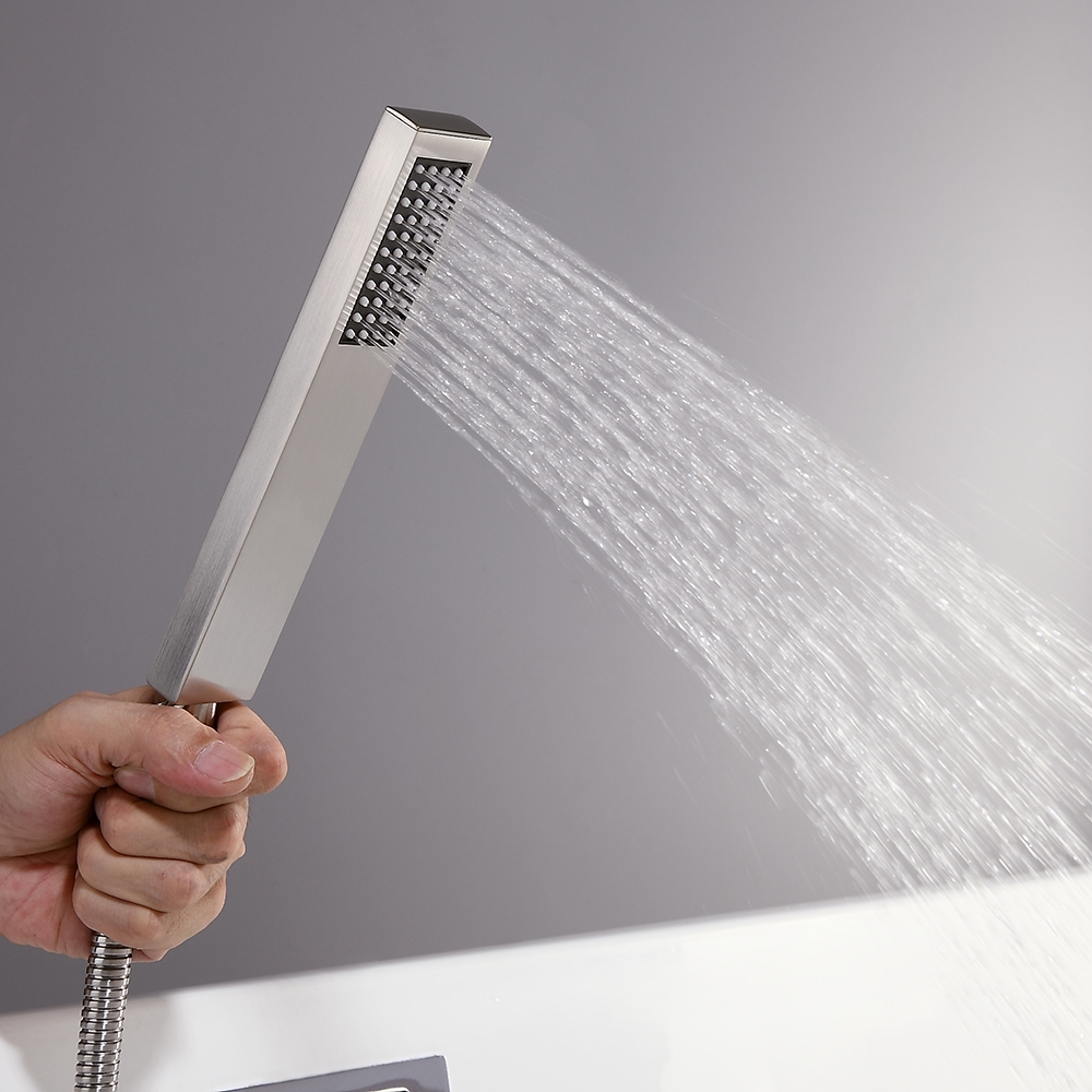 Dree Brushed Nickel Floor Mount Modern Tub Filler Faucet & Hand Shower Single Handle Solid Brass window image