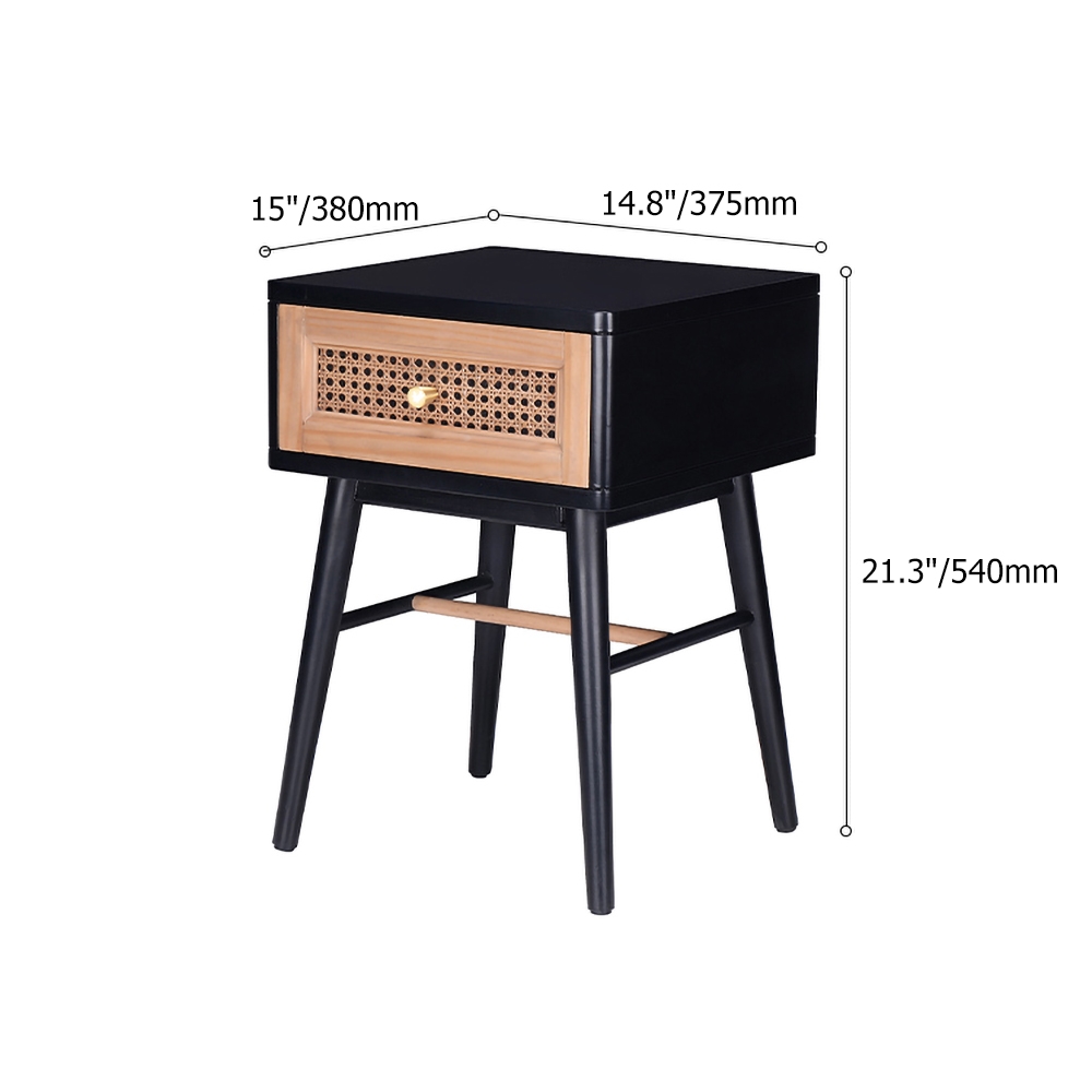 Modern Minimalist Black Nightstand Rattan Bedside Table with 1 Drawer window image
