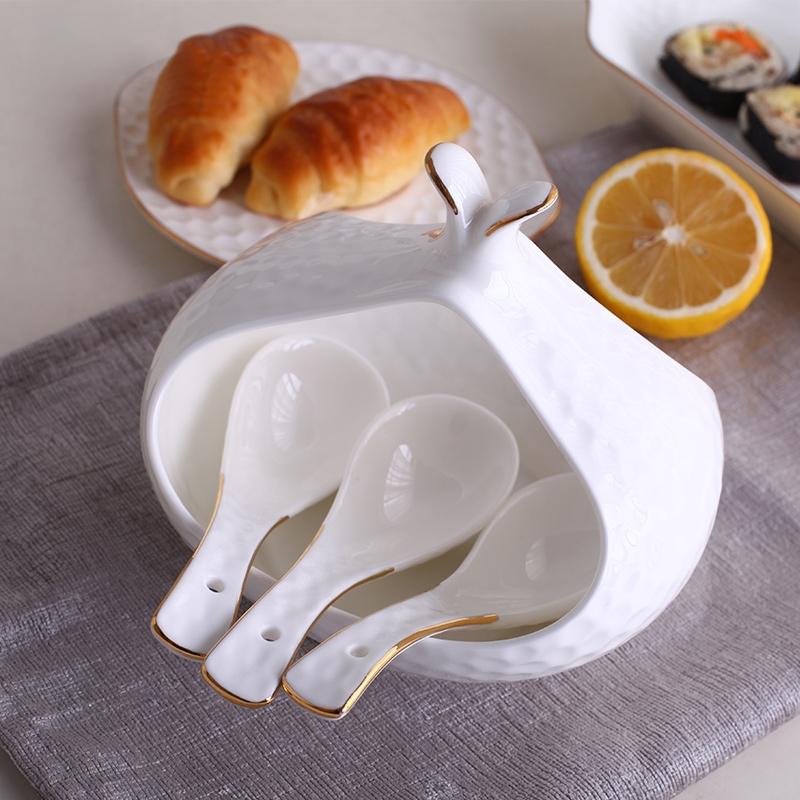 Contemporary Embossed White Utensil Organizer Kitchen Ceramic Utensil Holder with Gold Rim window image