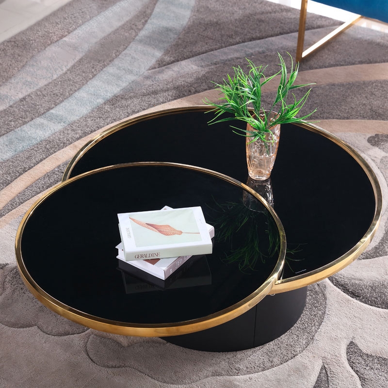 Nordic Black Tempered Glass Round Coffee Table with Stainless Steel Base in Black & Gold window image