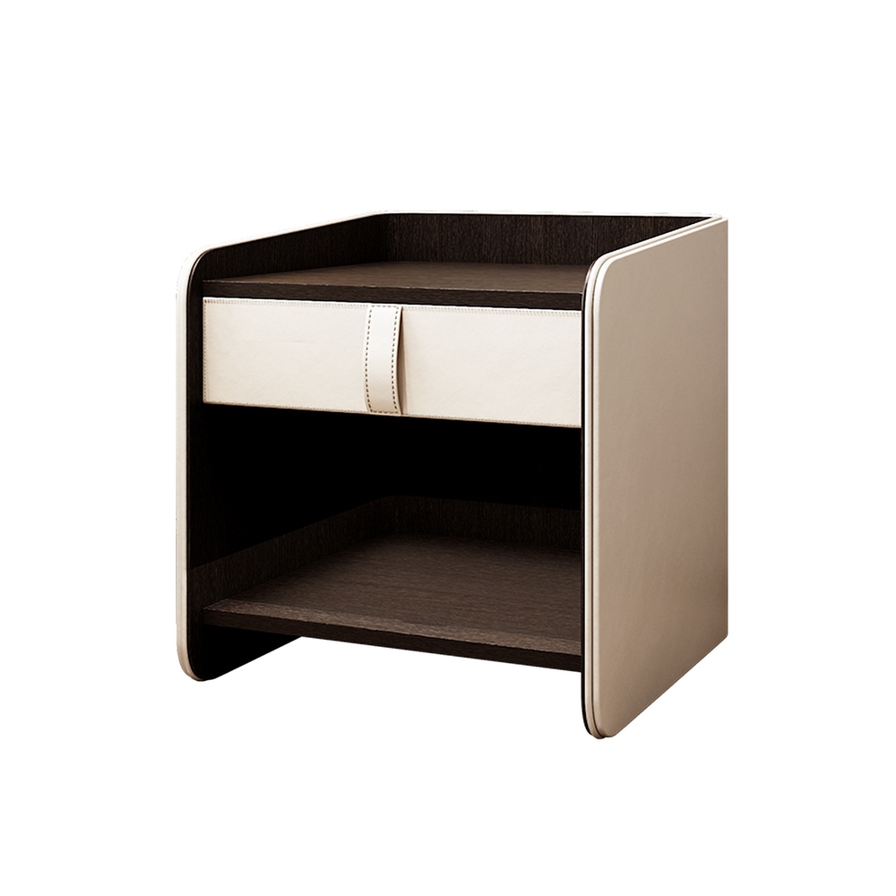 Table de chevet moderne en bois avec revêtement en similicuir avec tiroir et étagère en noyer image de fenêtre