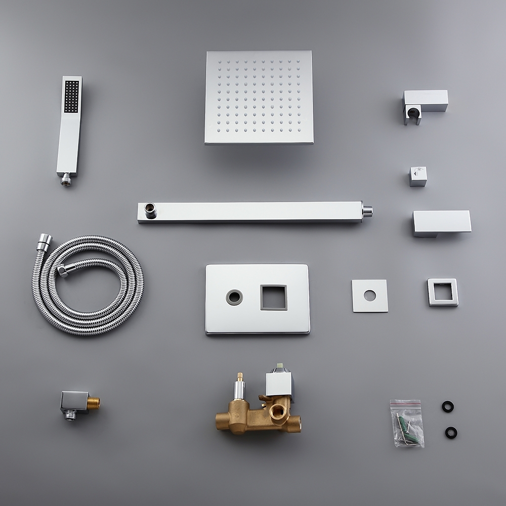 Dree Luxurious Thermostatic Wall Mount LED 12" Rain Shower System with Handheld Shower Set Polished Chrome Solid Brass